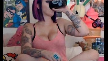 Girl with purple haired talking and showing tits