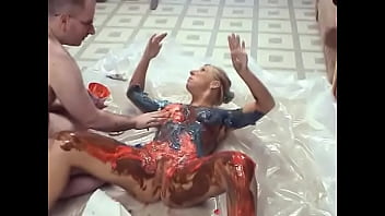Hairy dude covers crystal frost in chocolate and fucks her on the floor in various positions