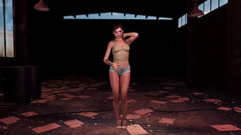 Young fit ellie posing alone in ripped clothe in destroyed factory