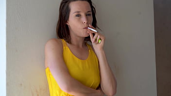 Sexy brunette smoking outside – two scenes