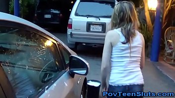 Pov car washing teen shows pussy