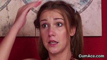 Horny bombshell gets jizz shot on her face swallowing all the love juice