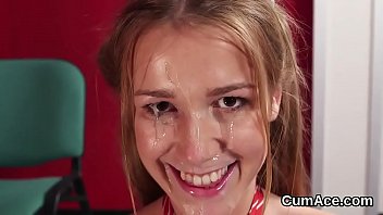 Horny bombshell gets jizz shot on her face swallowing all the love juice