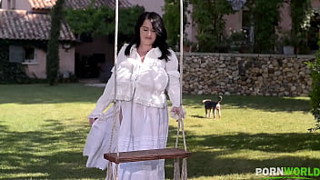 Swinging the cans naked voluptuous goddess on a swing