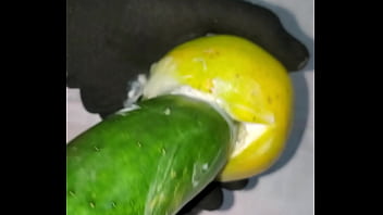 Tiny petite orange gets pounded by cucumber