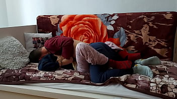 Young couple fucking hard in socks and he fills the condom with cum