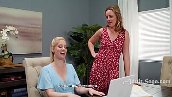 One of her stepmoms is making an omelette the other one is feeding her pussy