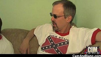 Ebony babe sucks group of white guys 4