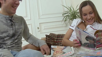 Brunette gets anally spooned on the sofa