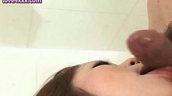 Asian with hairy cunt sucking two cocks