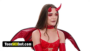 Latex fetish halloween fuck with a cute teen