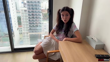 Step sister acts weird and asks to fuck her hard and cum on her face