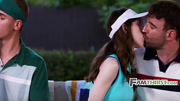 Bunny madison and krystal palmer ride alex legend and tony sting during on the family pickleball court