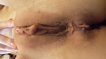 Thin young girlfriend shows her shaved pussy