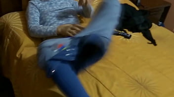 My wife's stepsister taking off her panties to show off her big hairy pussy before fucking her