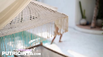 Putri cinta bending over at the pool showing her tight ass