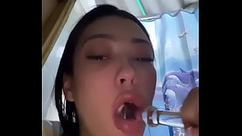 Latina teen deepthroats and drools on dildo