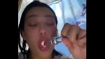 Latina teen deepthroats and drools on dildo