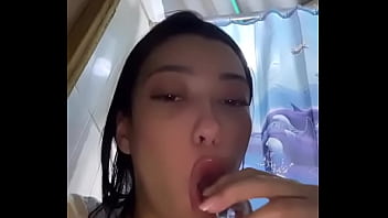 Latina teen deepthroats and drools on dildo