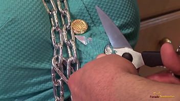 While talking to a stunning milf in the kitchen the stud imagines her with her big tits out while she is bound to the counter in chains before he introduces her to his big cock