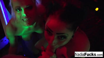 Sexy babes suck his hard cock