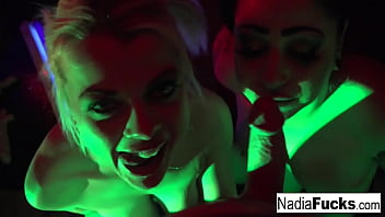 Sexy babes suck his hard cock