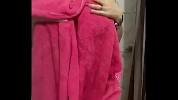 She just showered and slowly dries her naked body – tits & pussy tease