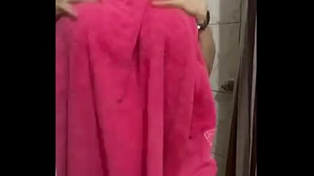 She just showered and slowly dries her naked body – tits & pussy tease