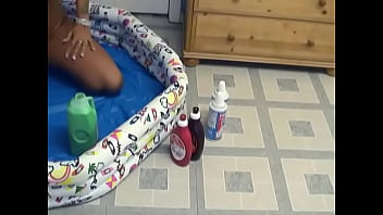 Hot amateur tattooed bitch pours milk and cream on her hot body