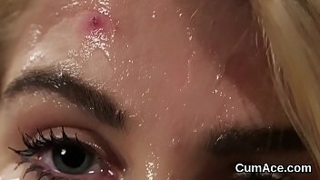 Frisky bombshell gets jizz shot on her face sucking all the jizz
