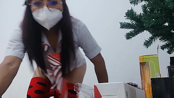 Mature student doesn't attend class because she stays at home checking out the new erotic christmas gifts she masturbates with the gifts like a slut