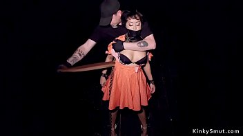 Master torments and vibrates pussy to brunette sub