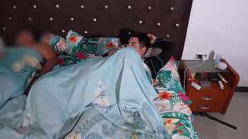 Stepmom's secret creampie comfort in bed beside sleeping hubby