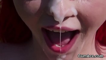Flirty beauty gets cumshot on her face swallowing all the jism