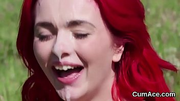 Flirty beauty gets cumshot on her face swallowing all the jism