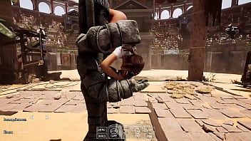 Lara croft's deep throat tries out a new technique to awaken a statue in a tomb