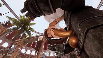 Lara croft's deep throat tries out a new technique to awaken a statue in a tomb