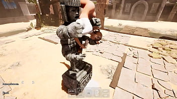 Lara croft's deep throat tries out a new technique to awaken a statue in a tomb