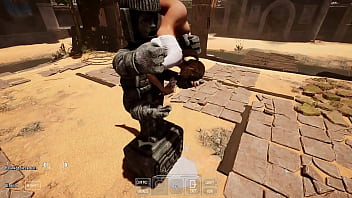 Lara croft's deep throat tries out a new technique to awaken a statue in a tomb