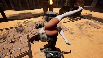 Lara croft's deep throat tries out a new technique to awaken a statue in a tomb
