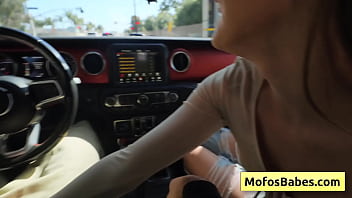 Cutie blondie sucking big dick in the car and swallow this fat dick