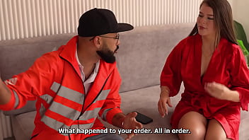 The delivery person receives an unexpected welcome oh i don't have anything to give you but i'm very hot