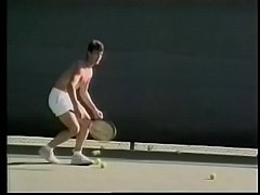 Play MP4 - Tennis player likes to loosen his penis stiff muscles after excercises with ball shooter machine and drop his load on his tennis racket