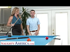 Play MP4 - Naughty America - Hot blonde Milf Kenzi Foxx hustle's the pool table cleaner into fucking her wet pussy