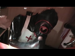 Play MP4 - Rubbernurse Agnes - black nurse dress with gasmask&comma; handjob&comma; anal fisting&comma; cum