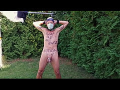 Play MP4 - naked pathetic dirty white slave in penis cage striptease at outdoor party humiliating body writing&comma; CMNM