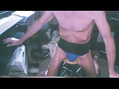 Play MP4 - 2023 Grinding on Stool in Blue Briefs and Back Brace for Stretching and Pain Relief