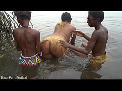 Play MP4 - Raw documentary footages with 3 African tribe girls dancing in the river in the forrest
