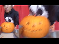 Play MP4 - SFW Jon Arteen sexy twink emo femboy carves a Halloween pumpkin in his underwear Jack-o'-Lantern